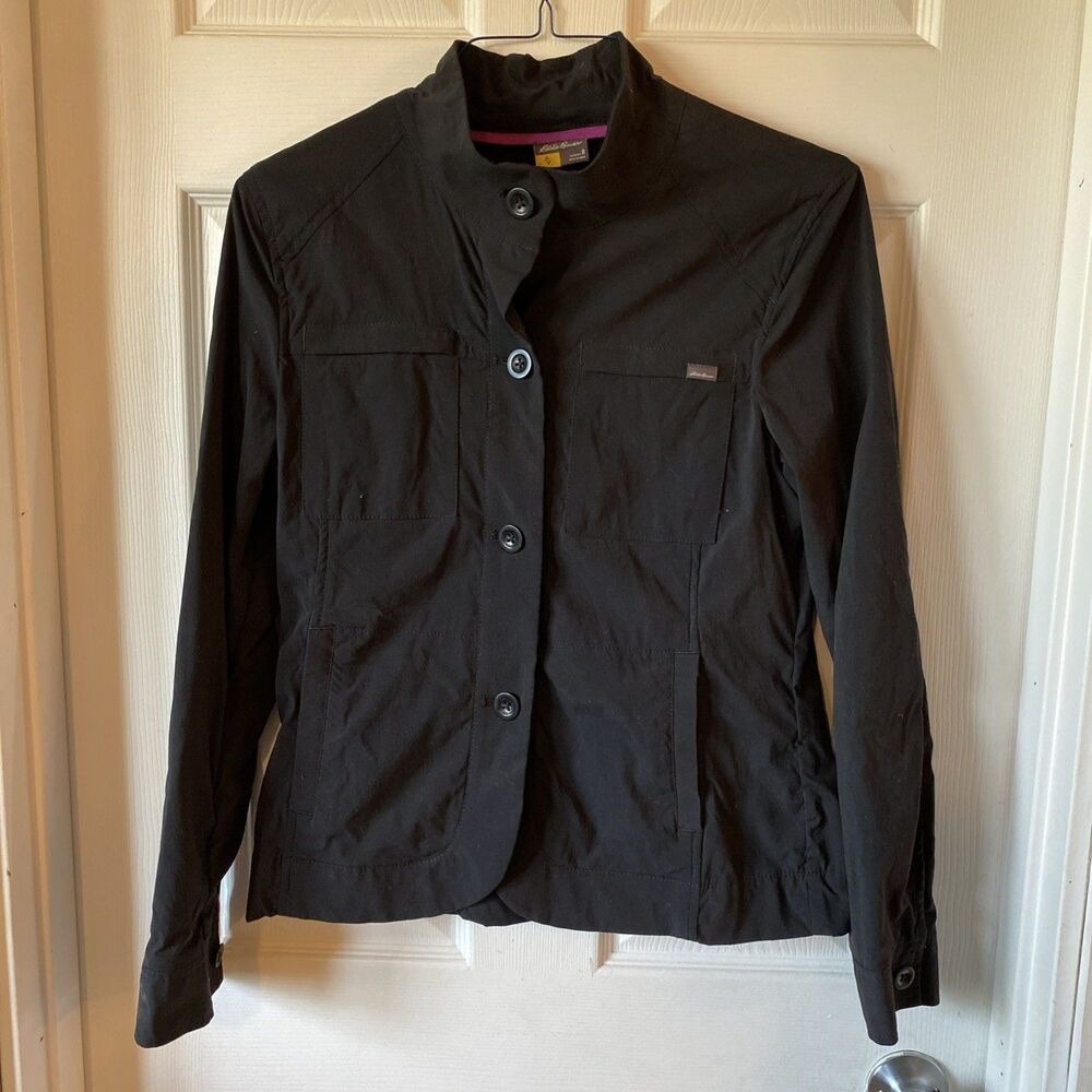 Eddie Bauer Blouse Women’s Size 8 Black Big Button Up Pockets Long Sleeve